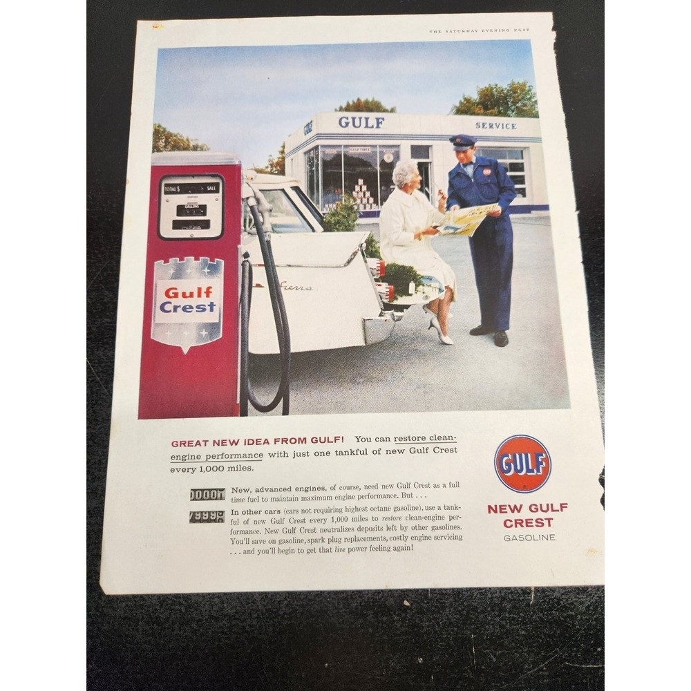 Gulf Crest Gasoline 1958 Vintage Magazine Ad Saturday Evening Post Gas Oil Art